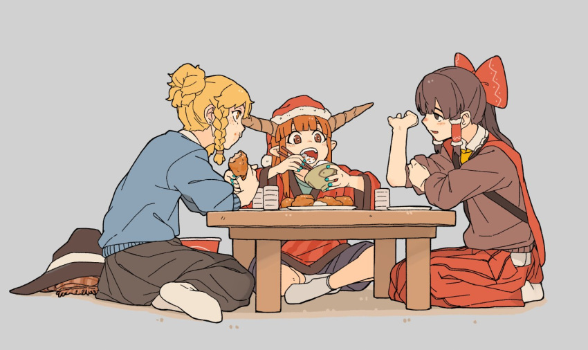 3girls alternate_costume alternate_hairstyle bangs blonde_hair blue_shorts blue_sweater blunt_bangs bow bowl braid brown_eyes brown_hair casual chopsticks contemporary cup earrings eating full_body green_nails grey_background hair_bow hair_tubes hair_up hakurei_reimu hand_up hanten_(clothes) hat hat_removed headwear_removed holding holding_bowl holding_chopsticks horns ibuki_suika indian_style jewelry kirisame_marisa long_hair long_sleeves multiple_girls nail_polish orange_hair plaid plaid_scarf plate pointy_ears red_bow red_headwear rice rolling_eyes santa_hat scarf scarf_removed shima_(landsuzume) short_ponytail shorts simple_background single_braid sitting socks stud_earrings sweater table touhou wariza white_legwear yellow_eyes yunomi