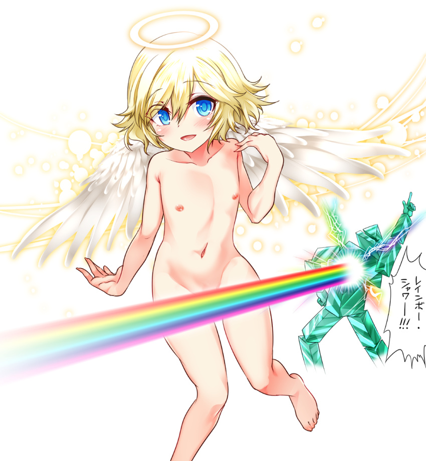 1boy actraiser_renaissance angel angel_(actraiser_renaissance) angel_wings blonde_hair blue_eyes blush censored convenient_censoring hair_between_eyes halo looking_at_viewer nanamatsu_kenji nipples nude open_mouth otoko_no_ko simple_background smile white_background wings