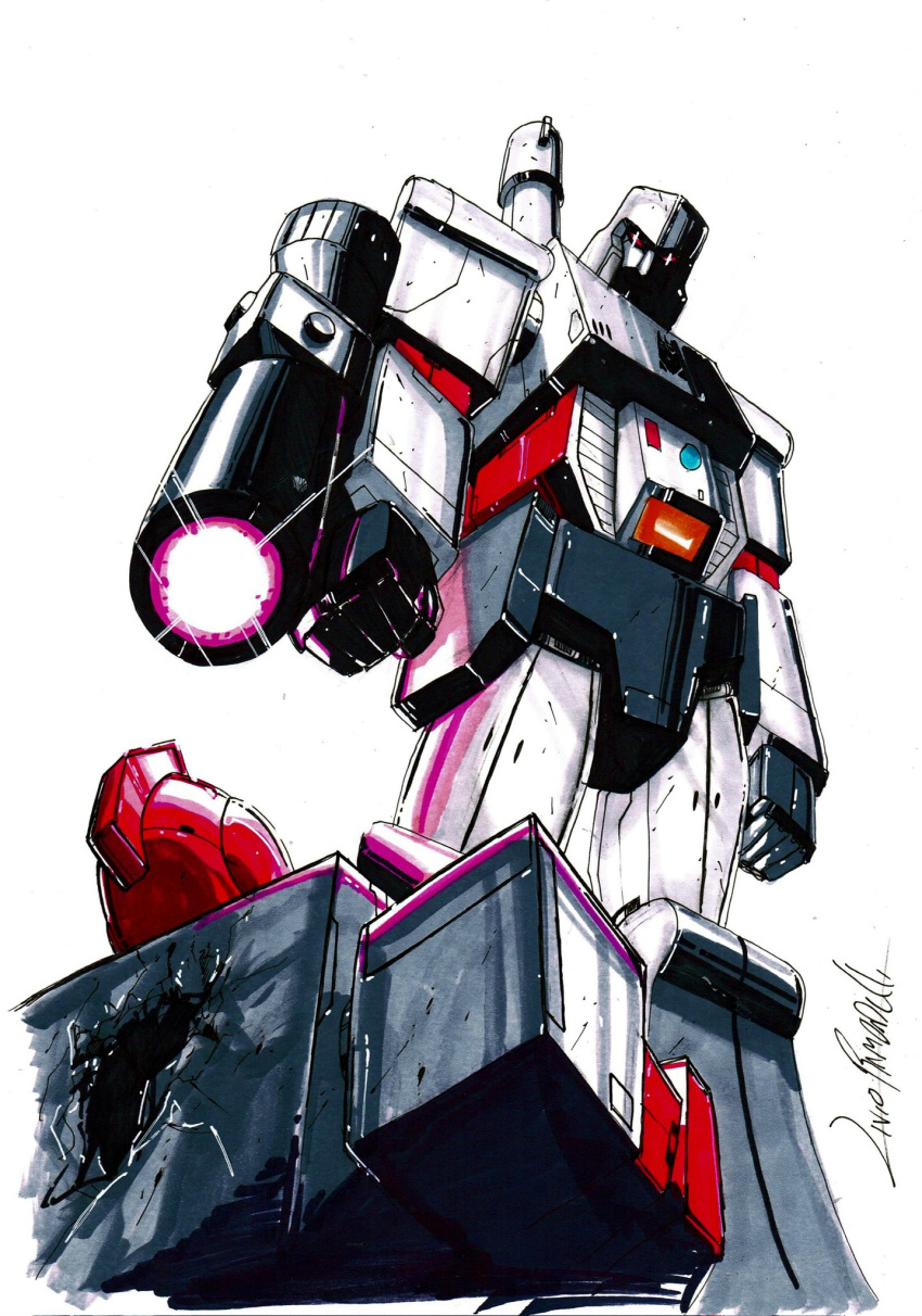 2boys arm_cannon autobot clenched_hands damaged decepticon eyebrows_visible_through_hair highres ironhide livioramondelli looking_down mecha megatron multiple_boys no_humans red_eyes science_fiction signature transformers weapon white_background