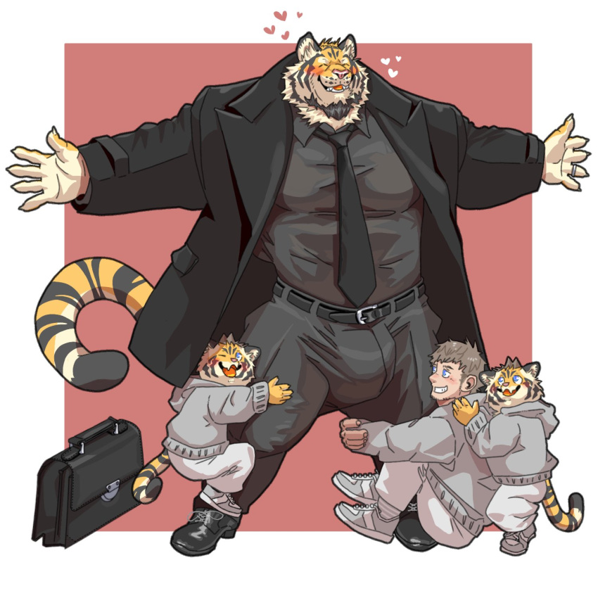 &lt;3 anthro belt blush bottomwear bulge business_suit chan_kiti_chan_(artist) child clothing coat embrace eyes_closed family father father_and_child father_and_son felid footwear group hi_res hug hugging_legs human larger_anthro male male/male mammal muscular muscular_anthro muscular_male necktie pantherine pants parent parent_and_child shoes size_difference smaller_human son suit suitcase sweater tiger topwear trenchcoat young