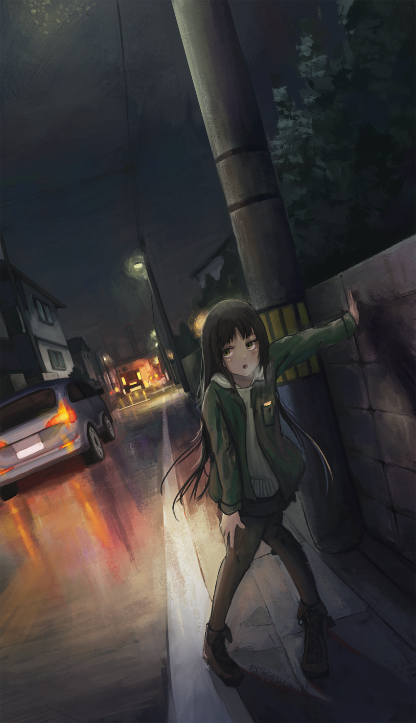 1girl :o ankle_boots arm_at_side arm_support bending_forward black_hair black_skirt boots breath brick_wall brown_eyes brown_legwear car cloud cloudy_sky cross-laced_footwear dutch_angle fjsmu green_jacket ground_vehicle highres house jacket knees_together_feet_apart lamppost leaning_on_object long_hair looking_at_viewer motor_vehicle night open_clothes open_jacket original outdoors outstretched_arm pantyhose power_lines power_pole reflection road shadow sidewalk skirt sky solo street sweater town very_long_hair white_sweater