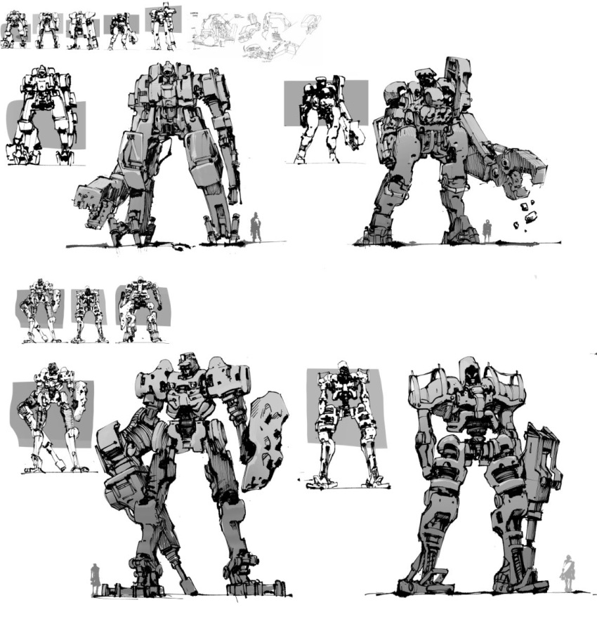 claws english_commentary greyscale highres holding mecha monochrome no_humans olympia_sweetman original silhouette size_comparison sketch standing