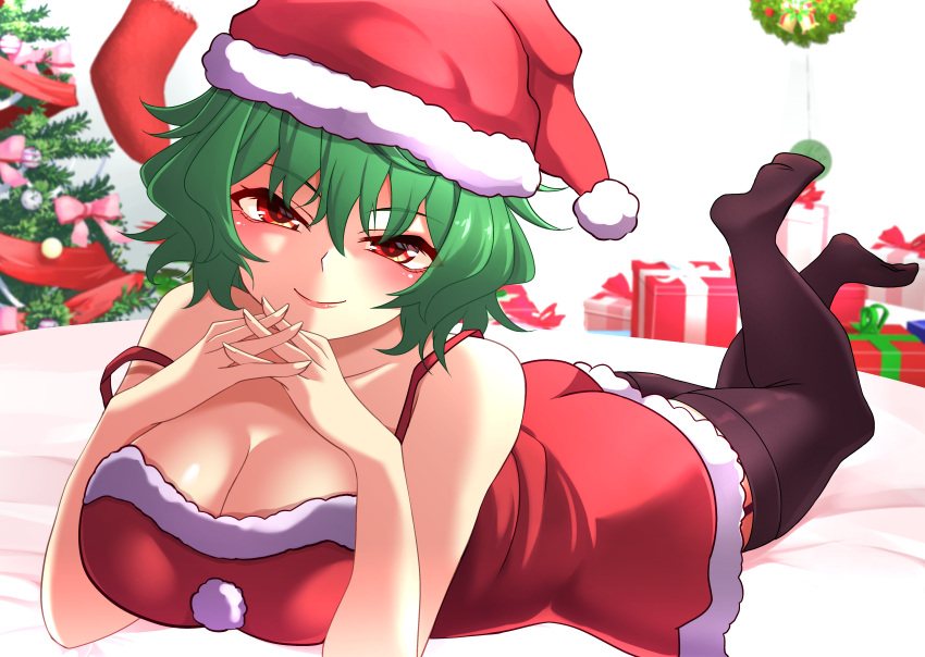 1girl absurdres black_legwear blush bound breasts christmas cleavage crossed_fingers garter_belt garter_straps green_hair hat highres kazami_yuuka large_breasts lingerie open_mouth red_eyes ribbon santa_costume santa_hat short_hair smile touhou underwear yagami_(mukage)