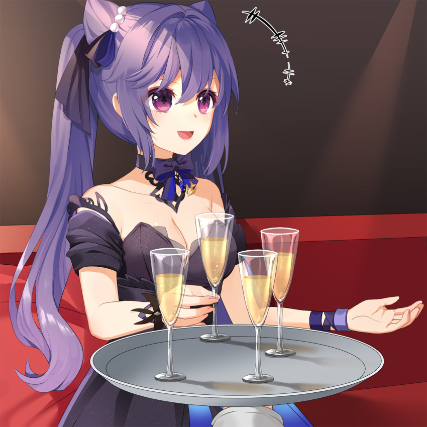 +++ 1girl :d alcohol bangs black_choker black_dress black_sleeves breasts champagne champagne_flute choker cleavage collarbone commentary_request couch cup detached_sleeves dress drinking_glass eyebrows_visible_through_hair genshin_impact hair_between_eyes hair_cones highres holding holding_cup keqing_(genshin_impact) keqing_(opulent_splendor)_(genshin_impact) long_hair looking_away medium_breasts mvv on_couch pillow purple_eyes purple_hair short_sleeves sitting smile solo strapless strapless_dress twintails very_long_hair when_you_see_it