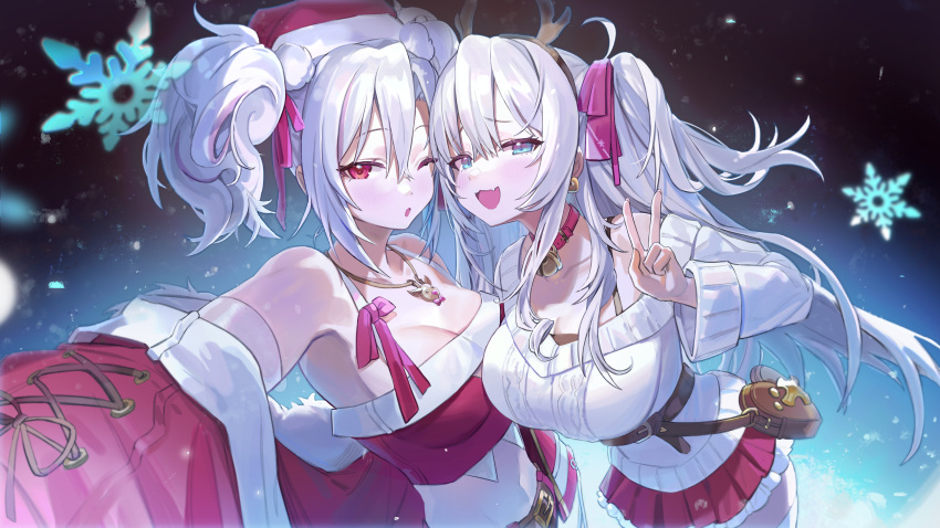 2girls :d ;o absurdres antlers armpits azur_lane bare_shoulders bell belt belt_pouch breasts choker christmas cleavage cowboy_shot crop_top elbe_(azur_lane) eyebrows_visible_through_hair fake_antlers fang foreshortening freng hair_ribbon hairband halter_top halterneck hat highres jacket jewelry jingle_bell large_breasts long_hair long_sleeves looking_at_viewer midriff miniskirt multicolored_hair multiple_girls navel necklace off_shoulder official_art one_eye_closed one_side_up open_clothes open_jacket outstretched_arm parted_lips pleated_skirt pouch prinz_adalbert_(azur_lane) red_choker red_eyes red_headwear red_jacket red_shirt red_skirt reindeer_antlers revealing_clothes ribbon santa_costume santa_hat selfie shirt skirt sleeveless sleeveless_shirt smile smug snowflakes spaghetti_strap stomach streaked_hair sweater tareme thighhighs tsurime twintails v very_long_hair white_hair white_shirt white_sweater zettai_ryouiki
