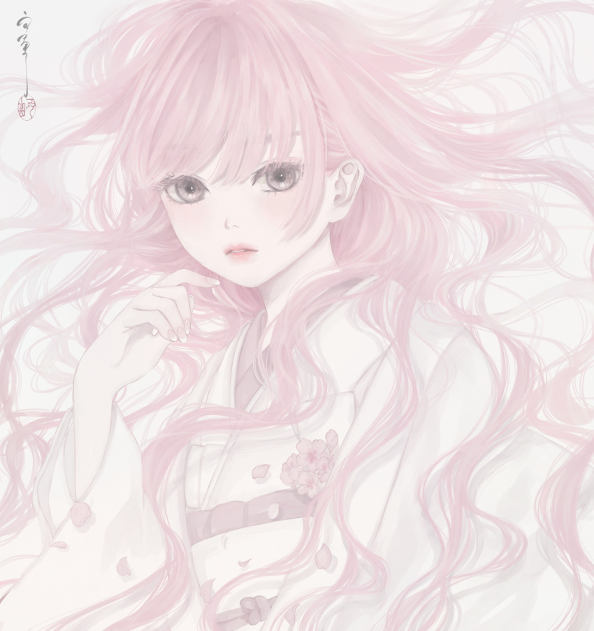 1girl absurdres bangs cherry_blossoms commentary_request floating_hair hand_up highres japanese_clothes kimono long_hair long_sleeves looking_at_viewer nail_polish obi original parted_lips petals pink_eyes pink_hair pink_theme sash seal_impression signature solo uchikake upper_body ushiyama_ame white_background white_kimono wide_sleeves