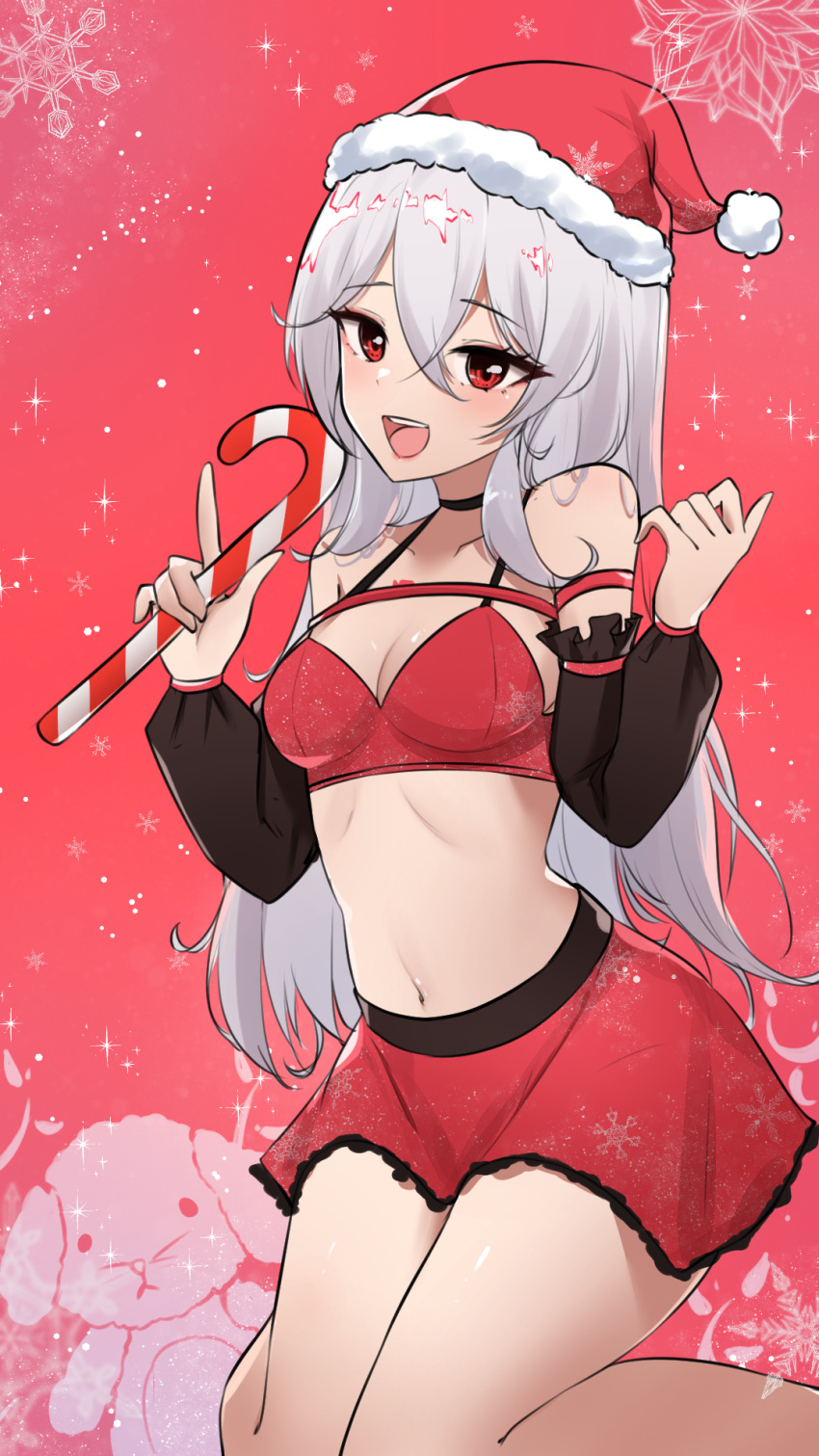 1girl :d armband bangs bare_legs bare_shoulders black_choker breasts candy candy_cane choker christmas cleavage collarbone commentary crossed_bangs detached_sleeves english_commentary eyelashes feet_out_of_frame food grey_hair hair_between_eyes hair_over_shoulder hand_up hat highres holding holding_candy holding_candy_cane holding_food index_finger_raised kneeling knees_together_feet_apart long_hair navel open_mouth original red_background red_skirt santa_hat sidelocks silver_hair simple_background skirt small_breasts smile snowflake_print snowflakes solo sparkle_background stuffed_animal stuffed_bunny stuffed_toy sunny721 teeth thick_eyelashes thighs tongue upper_teeth