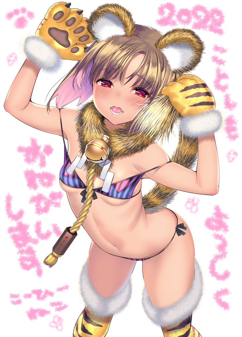 animal_ears animal_hands animal_print bangs bell bikini blonde_hair blush breasts chinese_zodiac coffee_cat collar colored_inner_hair eyebrows_visible_through_hair fur_trim gloves highres looking_at_viewer multicolored_hair neck_bell open_mouth original paw_gloves red_eyes short_hair small_breasts striped striped_bikini swimsuit tail thighhighs tiger_ears tiger_print tiger_tail year_of_the_tiger