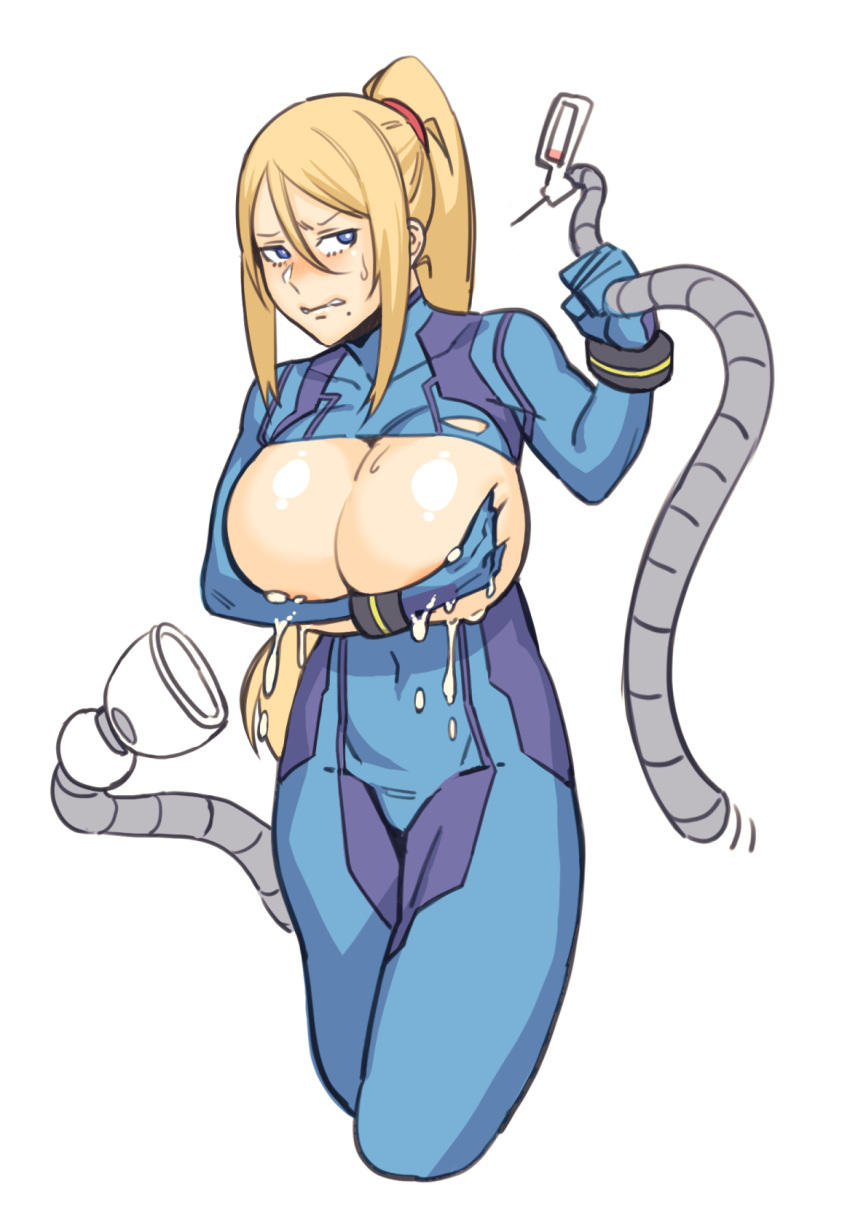 1girl blonde_hair blue_bodysuit blue_eyes blue_gloves blush bodysuit breasts breasts_outside clenched_teeth covering_nipples cropped_legs drugs dyun gloves hair_between_eyes highres huge_breasts lactation long_hair mechanical_tentacles metroid metroid_(classic) mole mole_under_mouth ponytail samus_aran simple_background solo standing teeth white_background zero_suit