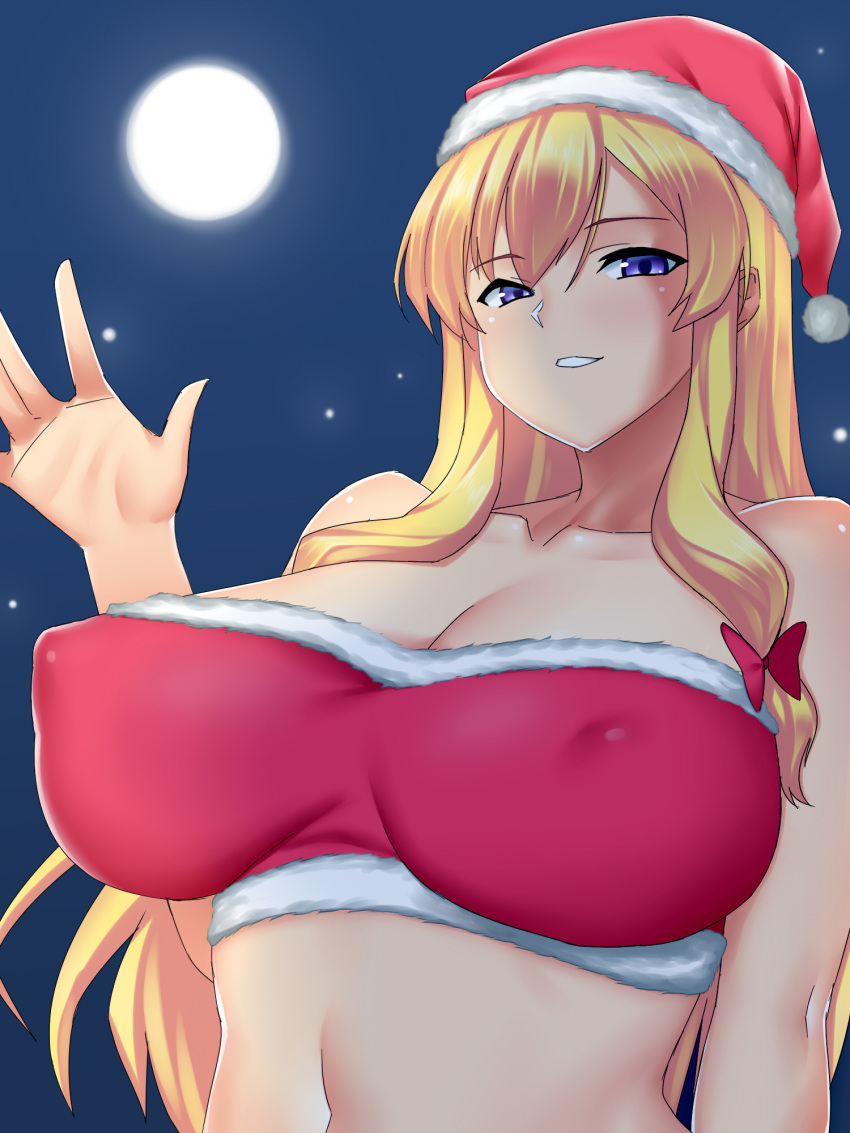 1girl arm_at_side backlighting bangs blonde_hair bow breasts christmas cleavage covered_nipples full_moon hair_between_eyes hair_bow hand_up highres huge_breasts impossible_clothes long_hair looking_at_viewer mokkori9 moon moonlight navel night night_sky purple_eyes santa_bra shiny shiny_clothes shiny_hair shiny_skin sidelocks sky smile solo star_(sky) stomach taut_clothes touhou upper_body very_long_hair waving yakumo_yukari