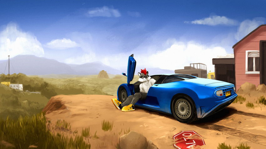 2022 anthro blue_car bugatti bugatti_eb_110 car clothed clothing detailed_background digital_media_(artwork) footwear forza forza_horizon fur hair looking_at_viewer male mammal max_raccoonism mexico microsoft nature nature_background nike outside playground_games procyonid raccoon race_car scenery sfw_version shoes sneakers solo the_raf vehicle video_games xbox_game_studios