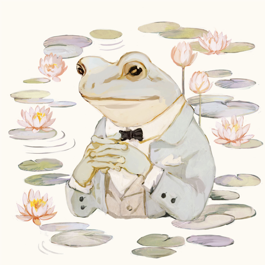 amphibian anthro bow_tie clasped_hands flower frog hi_res lily_pad male plant rt0no simple_background solo white_background