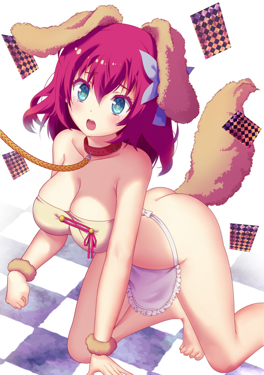 1girl anal anal_object_insertion animal_ears apron blue_eyes breasts card checkered_floor cleavage clenched_hand collar collarbone dog_ears dog_tail eyebrows_visible_through_hair fake_animal_ears fake_tail flower hair_between_eyes hair_flower hair_ornament hand_on_floor highres implied_anal kneeling large_breasts leash medium_hair nearly_naked_apron no_game_no_life no_panties object_insertion pasya-pasya pink_hair red_collar solo stephanie_dora strapless tail tearing_up tube_top viewer_holding_leash wrist_cuffs