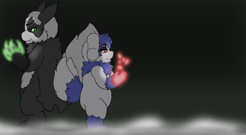2_tails absurd_res amy_the_mystgoose black_body black_fur black_sclera blue_body blue_fur brother brother_and_sister darknetic duo fak&eacute;mon female feral fluffy fluffy_tail fog fur glowing glowing_hands green_eyes hi_res hybrid male male/female meowstic multi_tail mystgoose nintendo pangoose pok&eacute;mon pok&eacute;mon_(species) ray_the_pangoose red_sclera sibling simple_background sister slightly_chubby smile superpowers video_games white_body white_fur yellow_eyes zangoose