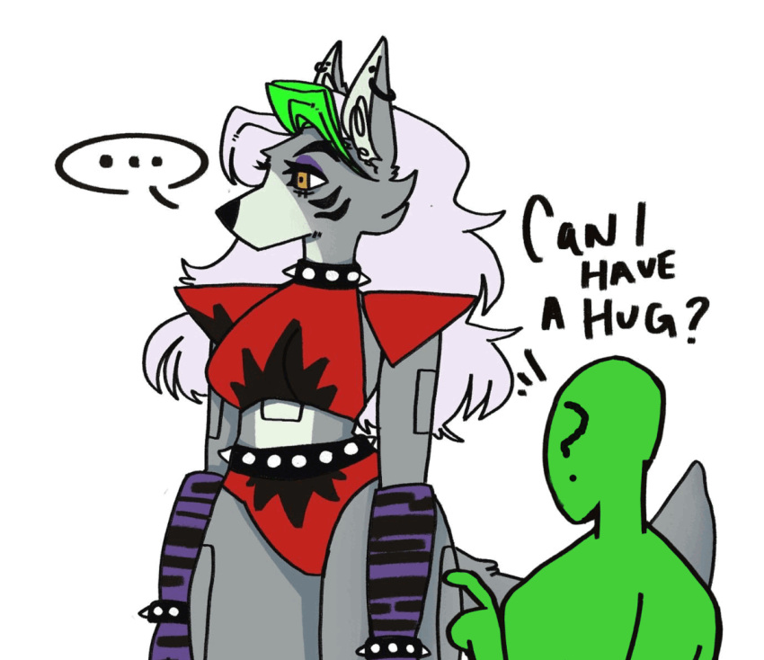 ? ambiguous_gender animated animatronic anon anonymous_artist anthro bracelet canid canine canis collar dialogue ear_piercing embrace english_text female five_nights_at_freddy's five_nights_at_freddy's:_security_breach green_body green_hair grey_body grey_skin hair hug human jewelry larger_female machine mammal piercing robot roxanne_wolf_(fnaf) scottgames size_difference smile speech_bubble spiked_bracelet spiked_collar spikes text video_games white_hair wolf