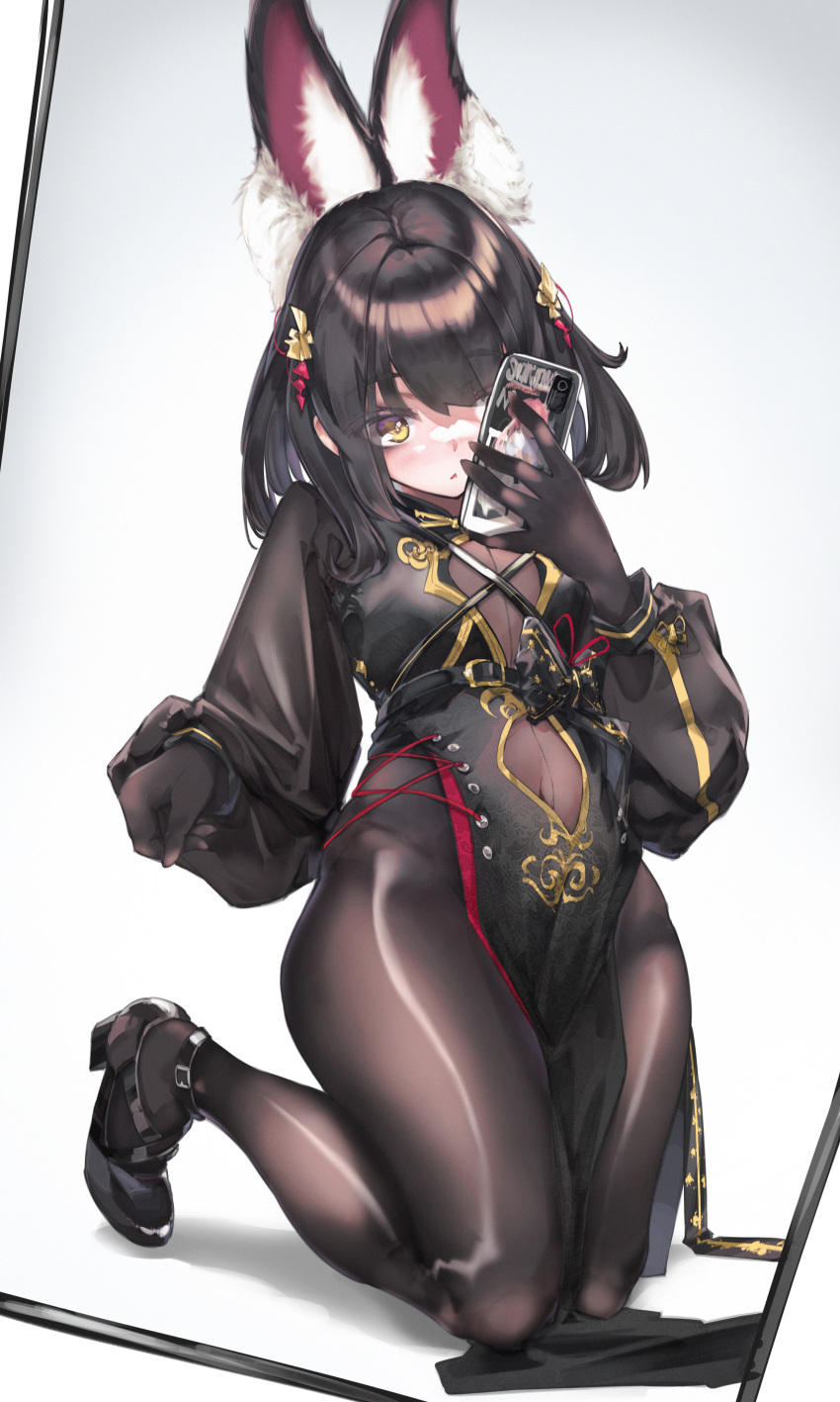 1girl absurdres animal_ear_fluff animal_ears bangs black_footwear black_gloves black_hair bodystocking bodysuit breasts china_dress chinese_clothes closed_mouth commentary_request covered_navel cross-laced_clothes dress extra_ears gloves hair_ornament hand_up high_heels highres holding holding_phone kneeling knees_together_feet_apart long_sleeves medium_hair mirror original phone puffy_long_sleeves puffy_sleeves rabbit_ears rabbit_girl selfie shiny shiny_clothes small_breasts solo strappy_heels thighs xun_li_eins yellow_eyes
