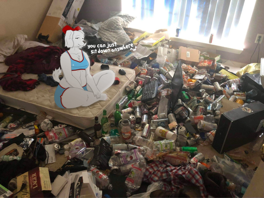 anthro bird_dog bow canid canine canis computer cursed cursed_image damn_bitch_you_live_like_this domestic_dog fay_spaniel female hesoyameee hi_res hunting_dog keyboard looking_at_viewer mammal mattress messy monitor nintendo slob smile solo spaniel star_fox video_games white_body