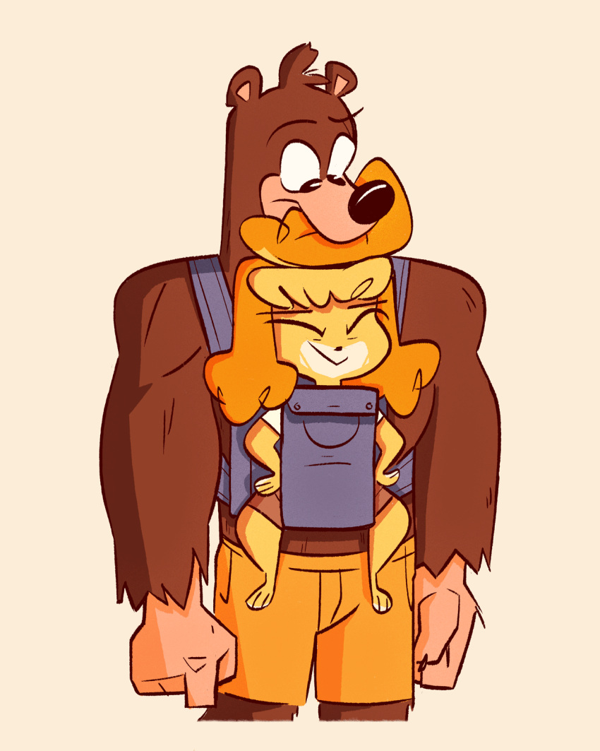 2019 animal_crossing anthro backpack banjo-kazooie banjo_(banjo-kazooie) bottomwear brown_bear canid canine canis clothed clothing crossover domestic_dog duo female fluttershythekind happy hi_res isabelle_(animal_crossing) larger_male male mammal nintendo rareware shih_tzu shorts size_difference smaller_female smile toy_dog ursid ursine video_games