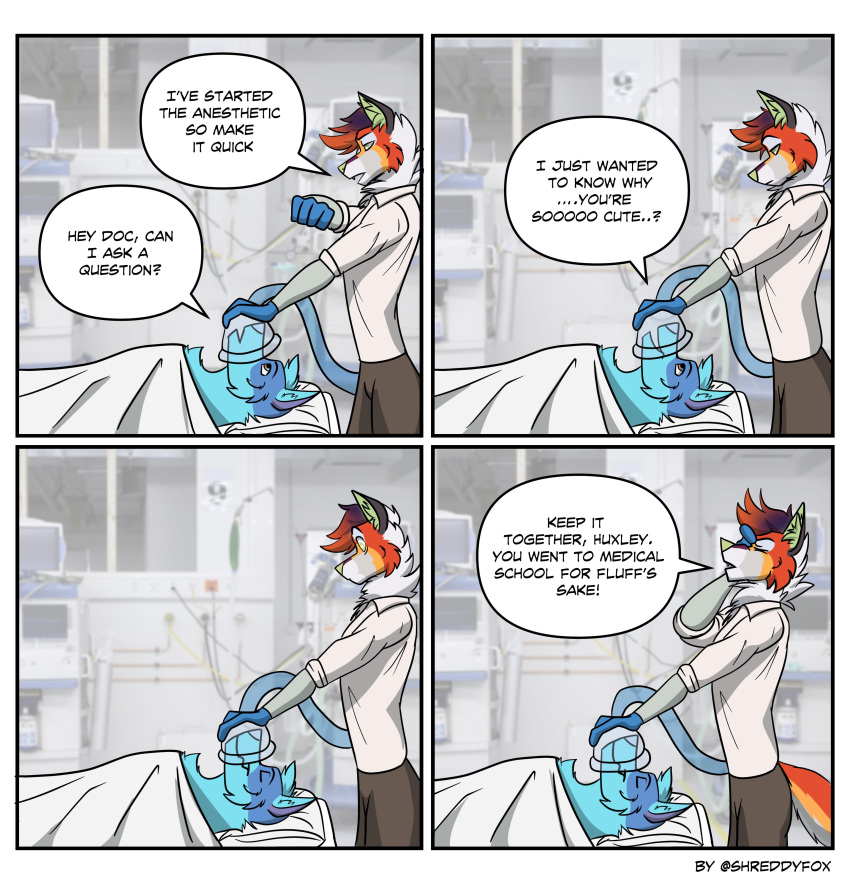 2021 absurd_res anthro blue_body blue_fur canid canine clothed clothing comic duo english_text eyes_closed flirting fur hi_res humor lying male mammal mask medical_instrument on_back oxygen_mask photo_background scientific_instrument shreddyfox sleeping standing text topwear