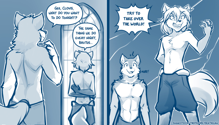 2022 7:4 abs anthro blue_and_white blue_background brutus_(twokinds) canid canine canis chest_tuft clothed clothing clovis_(twokinds) comic conditional_dnp dialogue duo english_text fox gloves_(marking) hand_behind_back hands_behind_back hi_res hybrid inside keidran larger_male lightning male mammal markings monochrome muscular muscular_male navel open_mouth open_smile pinky_and_the_brain pose rear_view simple_background size_difference sketch smaller_male smile text tom_fischbach topless topless_male tuft twokinds warner_brothers webcomic window wolf