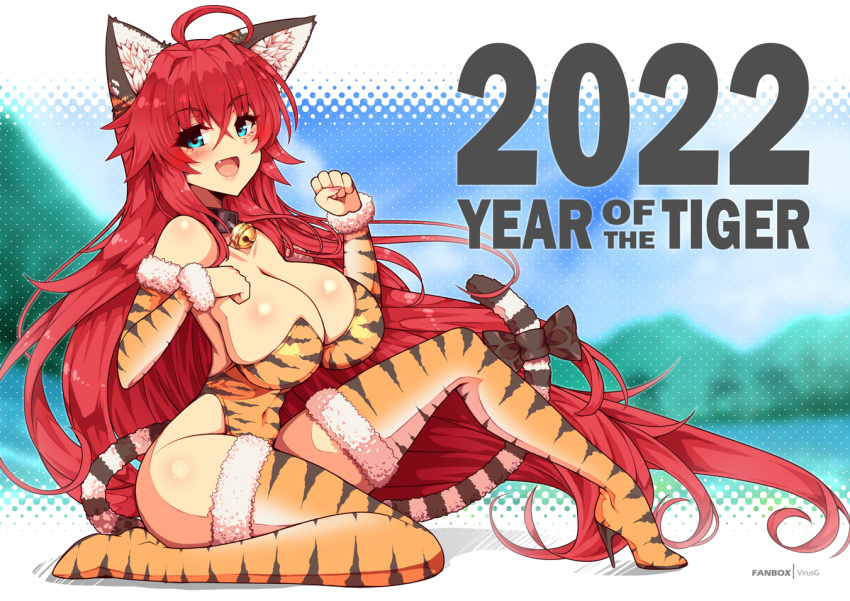 1girl 2022 :d ahoge animal_ears animal_print bangs bell blue_eyes blush breasts chinese_zodiac covered_navel cowboy_shot detached_sleeves english_commentary eyebrows_visible_through_hair fanbox_username fang full_body fur-trimmed_jacket fur-trimmed_sleeves fur_trim high_heels high_school_dxd highleg highleg_leotard huge_breasts jacket leotard long_hair neck_bell red_hair rias_gremory smile solo strapless strapless_leotard tail thighhighs tiger_ears tiger_print tiger_tail very_long_hair virus-g year_of_the_tiger