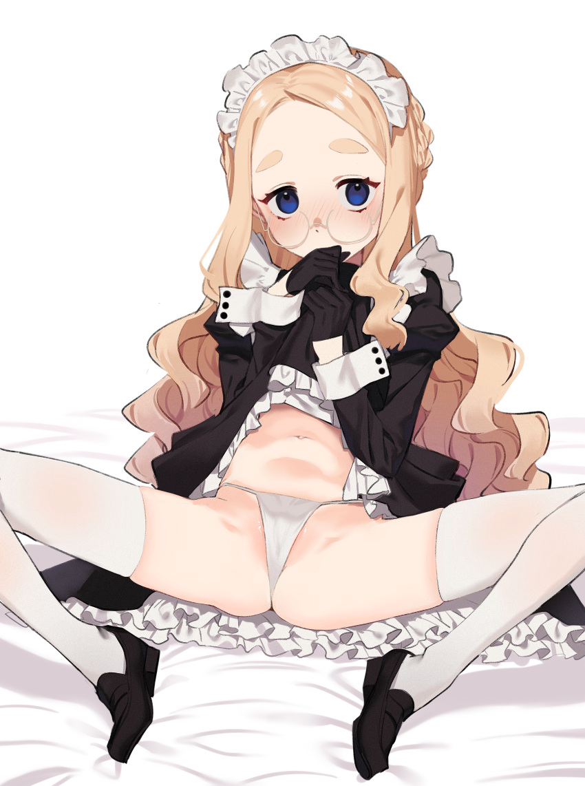 1girl 2l_(2lsize) absurdres bangs bed_sheet black_dress black_gloves blonde_hair blue_eyes blush clothes_lift commentary_request dress dress_lift frilled_dress frills glasses gloves groin half_gloves highleg highleg_panties highres loafers long_hair long_sleeves looking_at_viewer maid maid_headdress navel original panties parted_bangs puffy_sleeves round_eyewear shoes sitting solo spread_legs thick_eyebrows thighhighs underwear wavy_hair white_background white_panties