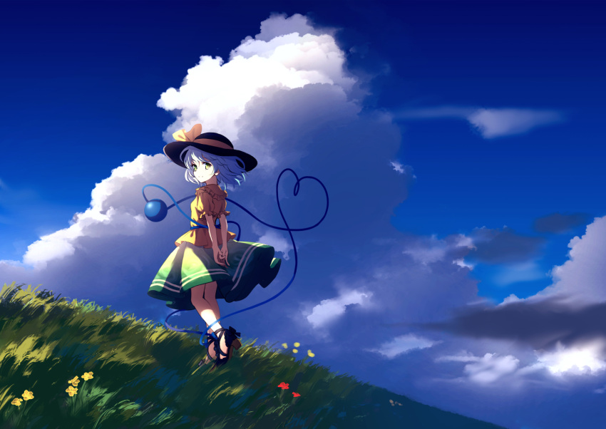 1girl arms_behind_back black_headwear blue_sky bow closed_mouth cloud day dise flower frilled_sleeves frills from_behind full_body grass green_eyes green_skirt hat hat_bow hat_ribbon heart heart_of_string highres komeiji_koishi looking_at_viewer looking_back outdoors puffy_short_sleeves puffy_sleeves red_flower ribbon shirt short_hair short_sleeves silver_hair skirt sky smile solo standing third_eye touhou yellow_bow yellow_flower yellow_ribbon yellow_shirt