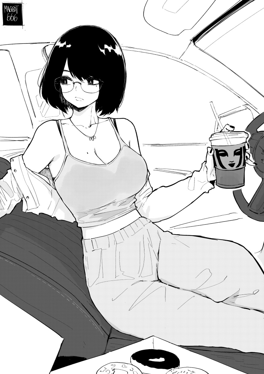 1girl absurdres bob_cut bra_strap bra_visible_through_clothes bralines breasts camisole car_interior car_seat cleavage collarbone desyana_laurentia doughnut drink feet_out_of_frame food glasses greyscale highres jewelry large_breasts looking_away mole mole_on_breast mole_under_eye monochrome necklace norman_maggot original rimless_eyewear short_hair sitting solo spaghetti_strap