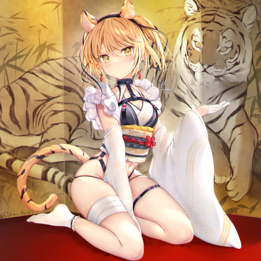 +_+ 1girl animal_ear_fluff animal_ears bangs belt between_legs black_ribbon blush breasts chinese_zodiac cleavage detached_sleeves earrings egasumi floral_print folding_screen frills full_body gloves groin hair_ribbon haishiki half_gloves hanafuda hand_between_legs hand_up highres japanese_clothes jewelry kimono looking_at_viewer navel no_pants no_shoes o-ring obi original outstretched_hand painting_(object) plantar_flexion ribbon sash seiza sitting solo strap sweat tail tassel tassel_earrings tiger tiger_ears tiger_girl tiger_tail twintails white_footwear year_of_the_tiger yellow_eyes