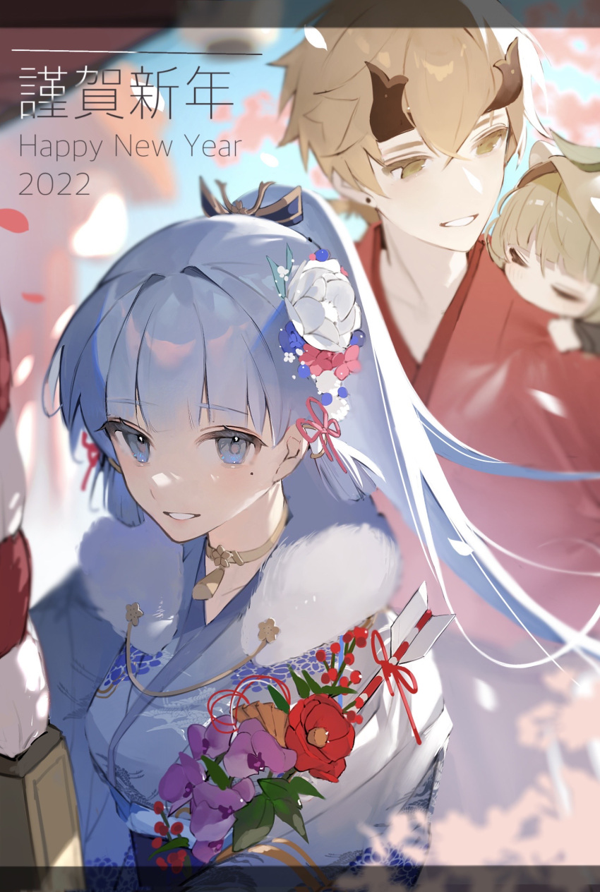 1boy 2022 2girls =v= arrow_(projectile) blue_eyes blue_hair blurry blurry_background breasts closed_eyes commentary_request eyebrows_visible_through_hair flower fur_trim genshin_impact hair_flower hair_intakes hair_ornament happy_new_year highres japanese_clothes jewelry kamisato_ayaka leaf light_blush light_brown_hair long_hair looking_at_viewer medium_breasts mole mole_under_eye multiple_girls necklace new_year parted_lips ponytail poscorn617 sayu_(genshin_impact) standing teeth thoma_(genshin_impact) upper_body