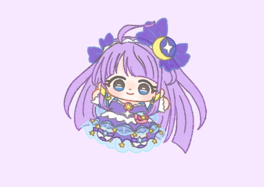1girl absurdly_long_hair ahoge back_bow bag_bow blue_bow blue_dress blue_eyes blunt_bangs blunt_ends boots bow brooch chibi closed_mouth commentary crescent crescent_earrings crescent_hair_ornament cure_selene dot_nose dress earrings eyelashes hair_bow hair_ornament hairband happy ichigo_usuhana jewelry kaguya_madoka knee_boots large_bow light_blush long_dress long_hair looking_at_viewer magical_girl outstretched_arms parted_bangs pink_bag pink_bow precure purple_background purple_bow purple_dress purple_hair purple_theme see-through_bow see-through_clothes see-through_dress short_sleeves simple_background smile solo square_neckline star_(symbol) star_print star_twinkle_precure straight_hair tareme two-tone_dress very_long_hair waist_bag white_arm_warmers white_boots white_hairband white_sleeves