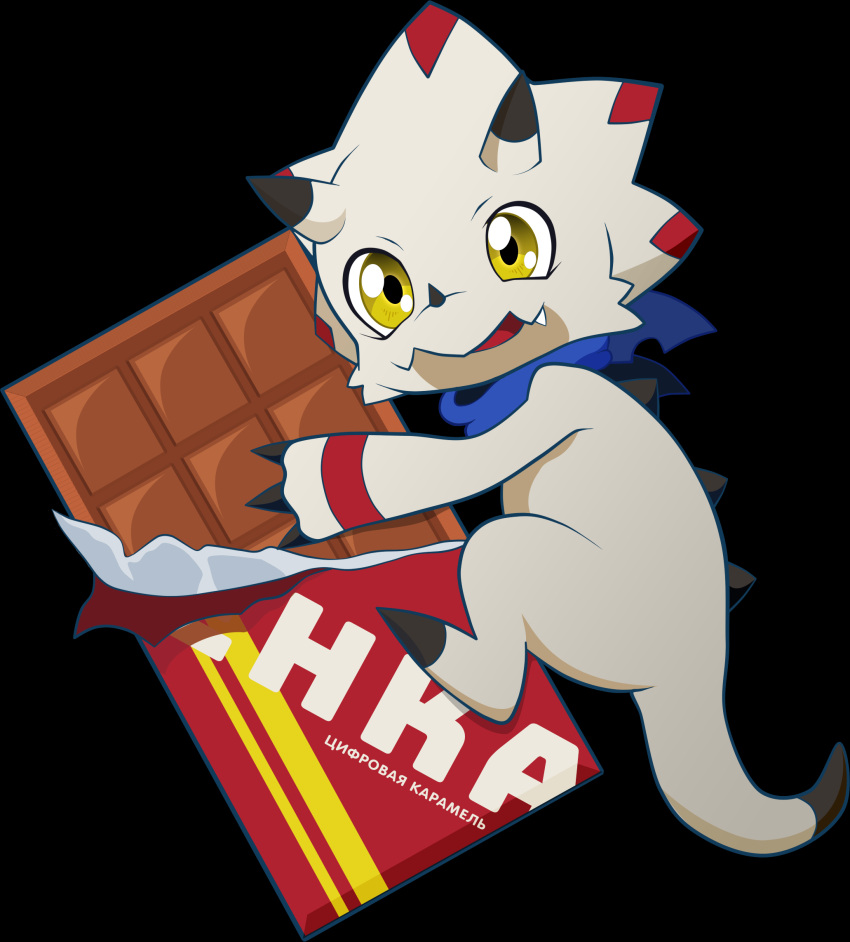 anthro bandai_namco bandanna black_claws candy ceratopsian chocolate claws cute_fangs dessert digimon digimon_(species) digimon_ghost_game dinosaur food gammamon hi_res horn kerchief male ornithischian reptile scalie solo triceratops white_body yellow_eyes zipomon