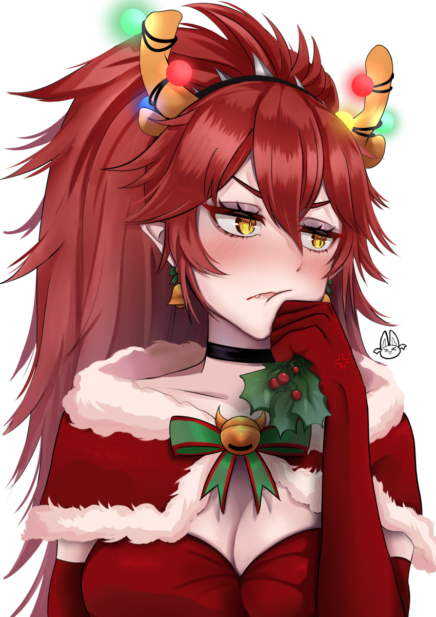 1girl absurdres anger_vein annoyed antlers bangs black_choker breasts capelet cheek_squash choker christmas_lights cleavage eyeshadow highres holding large_breasts lighto long_hair looking_to_the_side makeup mistletoe pointy_ears portrait pout purple_eyeshadow red_capelet red_hair solo v-shaped_eyebrows virtual_youtuber vshojo white_background yellow_eyes zentreya_(vtuber)