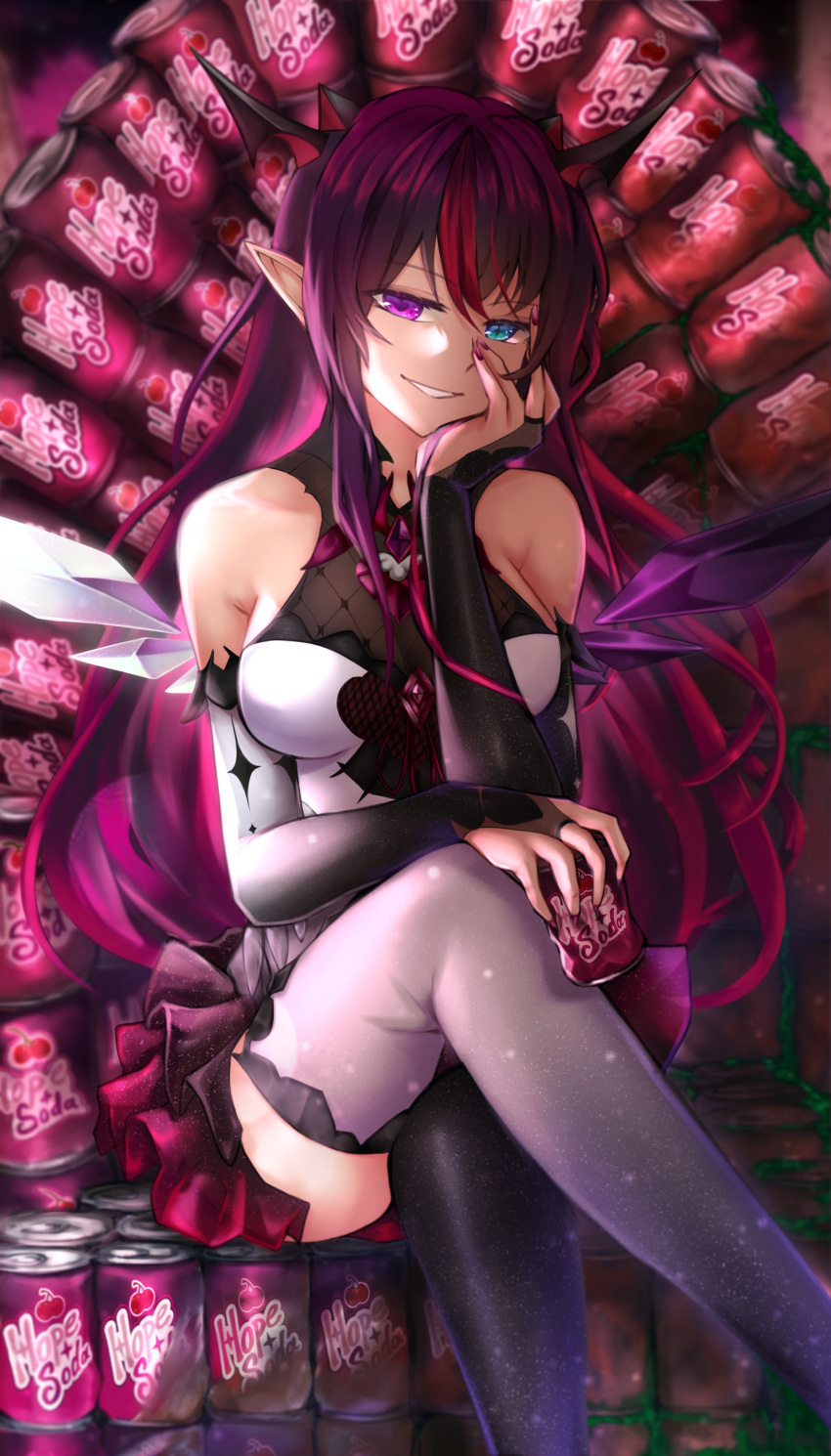 1girl absurdres bangs bare_shoulders blue_eyes breasts can crossed_legs detached_sleeves halter_top halterneck hand_on_own_face heterochromia highres hololive hololive_english horns irys_(hololive) long_hair looking_at_viewer medium_breasts open_mouth pink_eyes pink_hair pink_skirt pointy_ears shtooru sitting skirt smile soda_can solo thighhighs throne virtual_youtuber wings