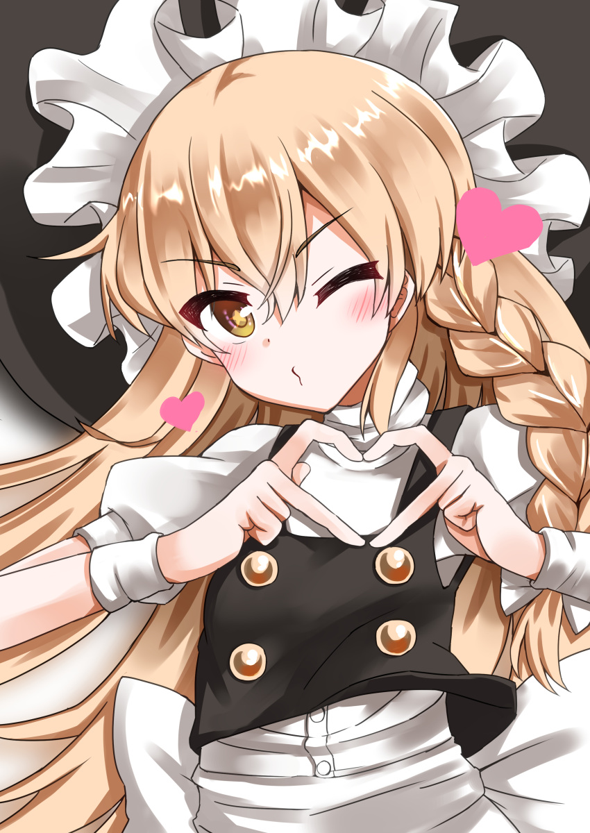 1girl absurdres apron arms_up back_bow bangs black_headwear black_vest blonde_hair blush bow braid buttons closed_mouth eyebrows_visible_through_hair eyes_visible_through_hair fingers_together frills hair_between_eyes hair_bow hands_up hat heart highres kabi_killer kirisame_marisa long_hair looking_at_viewer one_eye_closed pink_heart puffy_short_sleeves puffy_sleeves shirt short_hair short_sleeves simple_background single_braid solo star_(symbol) star_in_eye symbol_in_eye touhou vest white_apron white_background white_bow white_shirt witch_hat wrist_cuffs yellow_eyes