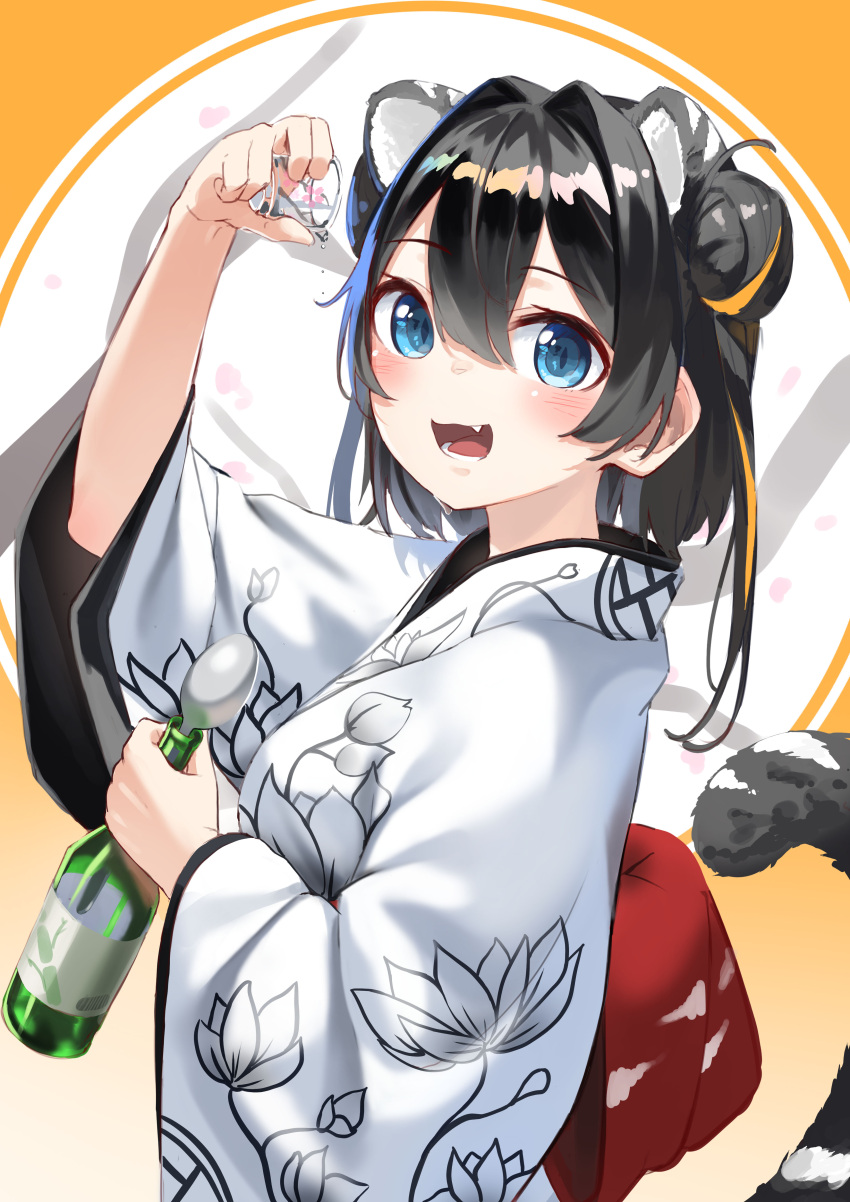 1girl :d absurdres animal_ear_fluff animal_ears arm_up bangs black_hair blue_eyes bottle breasts chinese_zodiac commentary cup double_bun drinking_glass english_commentary eyebrows_visible_through_hair fang floral_print hair_between_eyes hair_intakes highres holding holding_bottle holding_cup japanese_clothes kimono kimyo long_sleeves looking_at_viewer medium_breasts multicolored_hair orange_hair original print_kimono smile solo spoon streaked_hair tail tiger_ears tiger_girl tiger_tail white_kimono wide_sleeves year_of_the_tiger