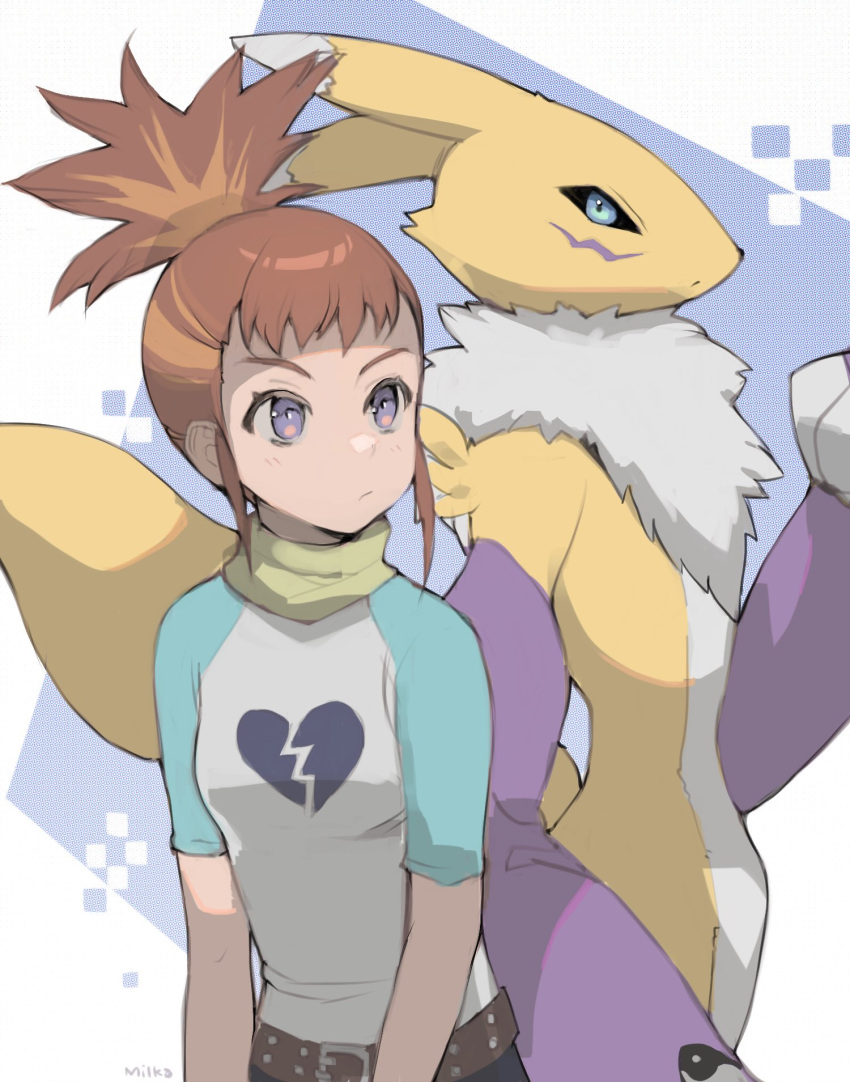 1girl animal_ears animal_nose bangs belt black_sclera blue_eyes broken_heart_print closed_mouth colored_sclera detached_sleeves digimon digimon_(creature) digimon_tamers english_commentary expressionless flat_chest fox_ears fox_tail furry furry_female highres looking_at_viewer looking_to_the_side makino_ruki milka_(milk4ppl) orange_hair ponytail purple_eyes renamon shirt short_sleeves tail white_fur yellow_fur yin_yang