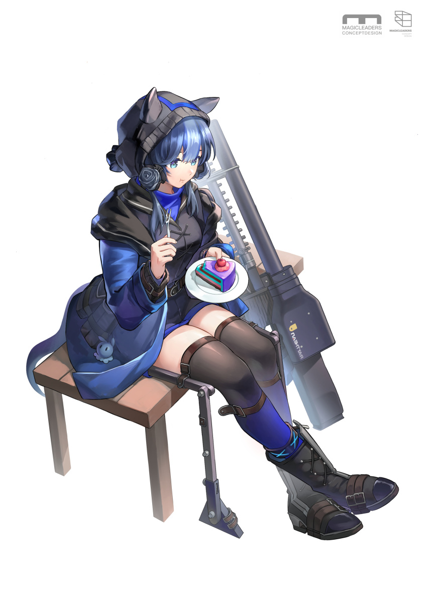 1girl :t absurdres arknights bangs blue_eyes cake cake_slice charm_(object) chewing chinese_commentary food fork glaucus_(arknights) highres holding holding_plate infection_monitor_(arknights) knmaorongrong long_sleeves low_twintails multicolored_hair on_bench plate railgun sitting slug_girl solo streaked_hair tail thighhighs twintails white_background