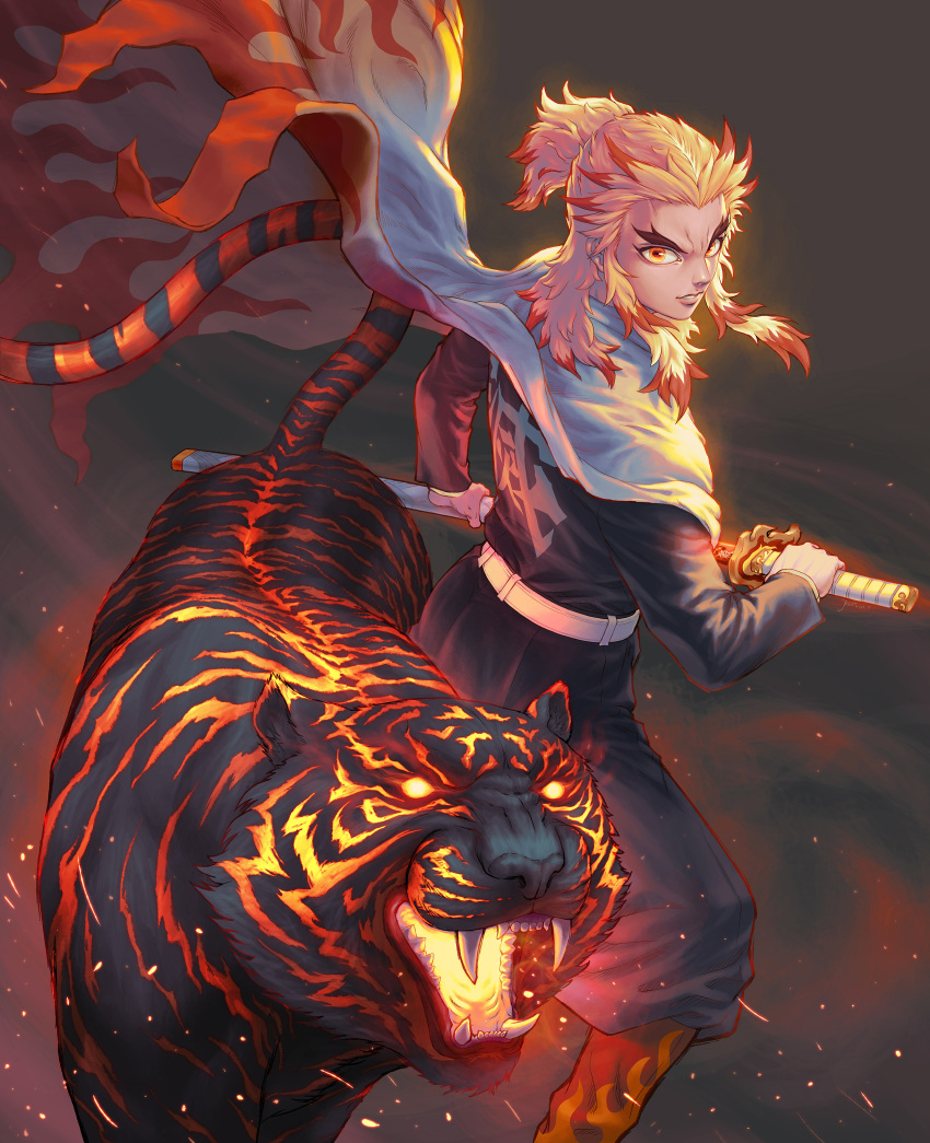 1boy absurdres animal belt bensonwu black_background blonde_hair boots cape cape_lift clothes_writing colored_tips eyebrows feet_out_of_frame fighting_stance fire flame_print furrowed_brow glowing glowing_eyes glowing_mouth half_updo highres holding holding_sword holding_weapon jacket katana kimetsu_no_yaiba knee_boots lips long_sleeves looking_at_viewer male_focus medium_hair multicolored_hair pants pants_tucked_in parted_lips ready_to_draw red_eyes red_hair rengoku_kyoujurou sidelocks standing sword two-tone_hair uniform weapon white_cape