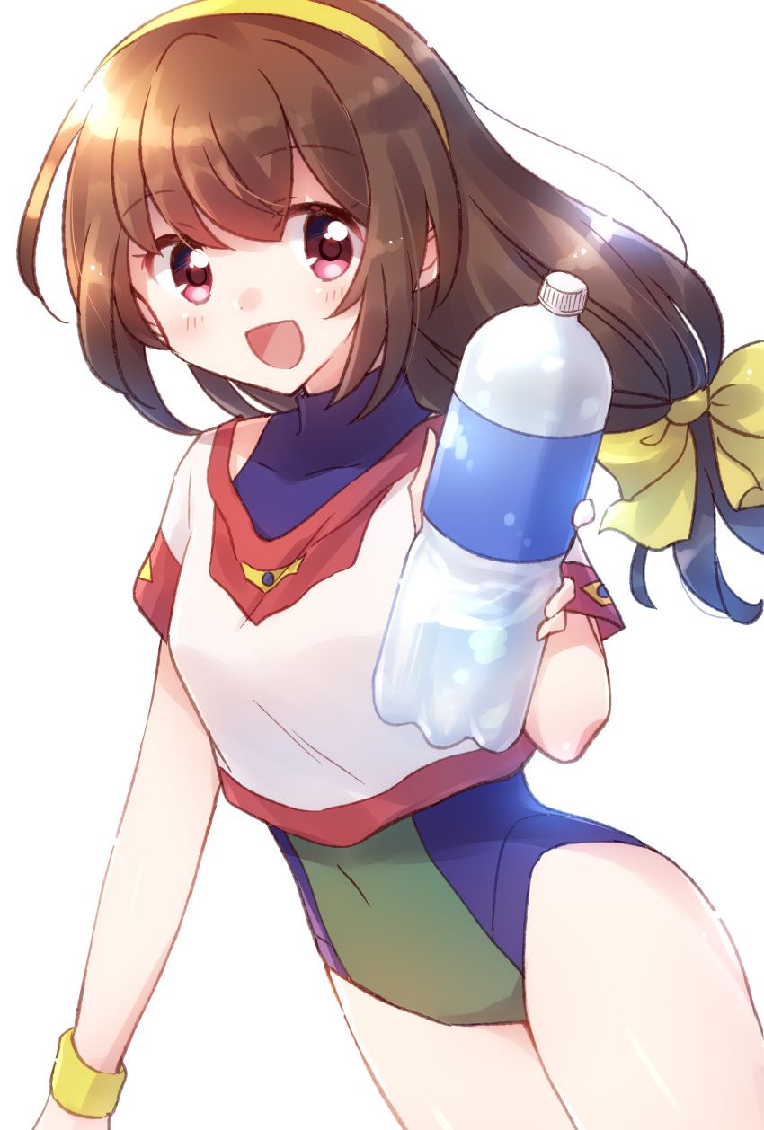 1girl :d absurdres akehoshi_kanata bangs battle_athletes bottle brown_hair covered_navel crop_top eyebrows_visible_through_hair gym_uniform hair_ribbon hairband highres holding holding_bottle leotard long_hair looking_at_viewer nyaa_(nnekoron) open_mouth red_eyes ribbon shirt short_sleeves smile solo two-tone_leotard water_bottle