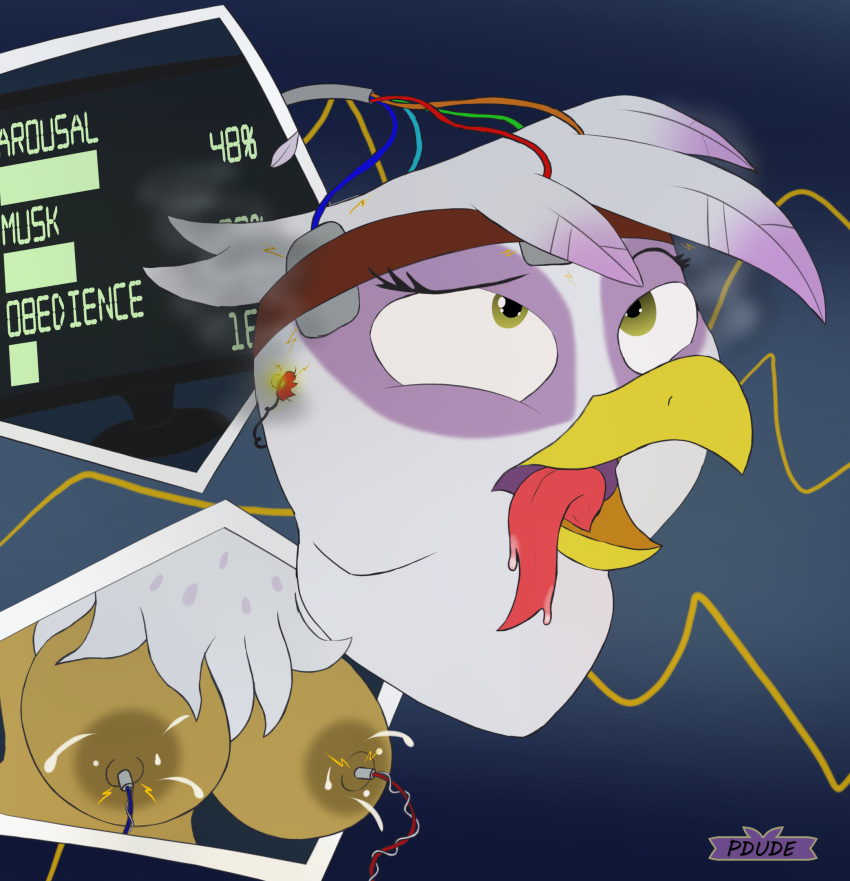 anthro avian beak bodily_fluids breasts electrocution fanfic female gilda_griffon gryphon hasbro hi_res lactating milk mind_control my_little_pony mythological_avian mythology nude sketch smoke sparks wire