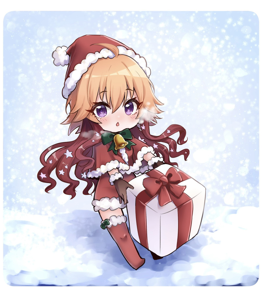 ahoge bangs bell blush bow bowtie breath brown_gloves chibi commentary_request eyebrows_visible_through_hair gift gloves hat highres himari_ii idolmaster idolmaster_cinderella_girls light_brown_hair long_hair looking_at_viewer ninomiya_asuka open_mouth purple_eyes red_footwear red_hair santa_costume santa_hat snow snowing solo thighhighs