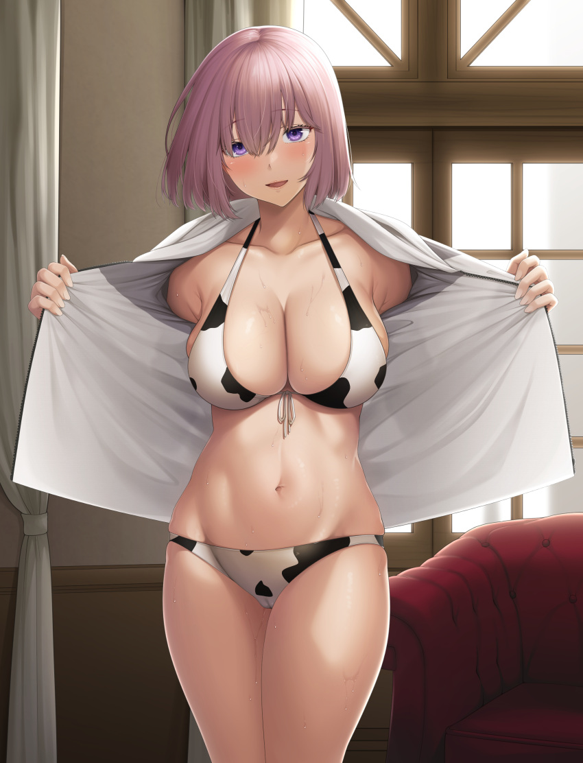 1girl absurdres animal_print ao_banana bangs bare_shoulders bikini blush breasts cleavage collarbone cow_print fate/grand_order fate_(series) hair_over_one_eye highres large_breasts light_purple_hair looking_at_viewer mash_kyrielight navel necktie open_clothes open_mouth open_shirt purple_eyes red_necktie shirt short_hair smile solo swimsuit thighs white_bikini white_shirt