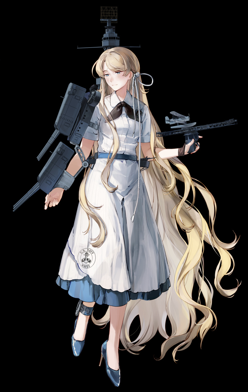 1girl absurdly_long_hair absurdres aircraft airplane biplane black_background black_neckerchief blonde_hair blue_eyes blue_footwear cannon cruiser dress full_body high_heels highres long_hair machinery mecha_musume military military_vehicle neckerchief original personification ship short_sleeves simple_background turret uss_northampton_(ca-26) very_long_hair warship watercraft yorktown_cv-5