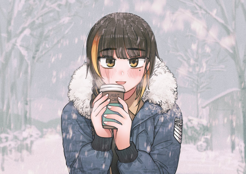 1girl blush braid brown_eyes brown_hair coffee_cup commentary cup disposable_cup english_commentary eyebrows_visible_through_hair girls'_frontline hands_up holding holding_cup long_hair long_sleeves looking_at_viewer m16a1_(girls'_frontline) mole mole_under_eye multicolored_hair orange_hair outdoors parted_lips scar scar_across_eye single_braid smile snow snowing solo streaked_hair thomas_hewitt tree upper_body