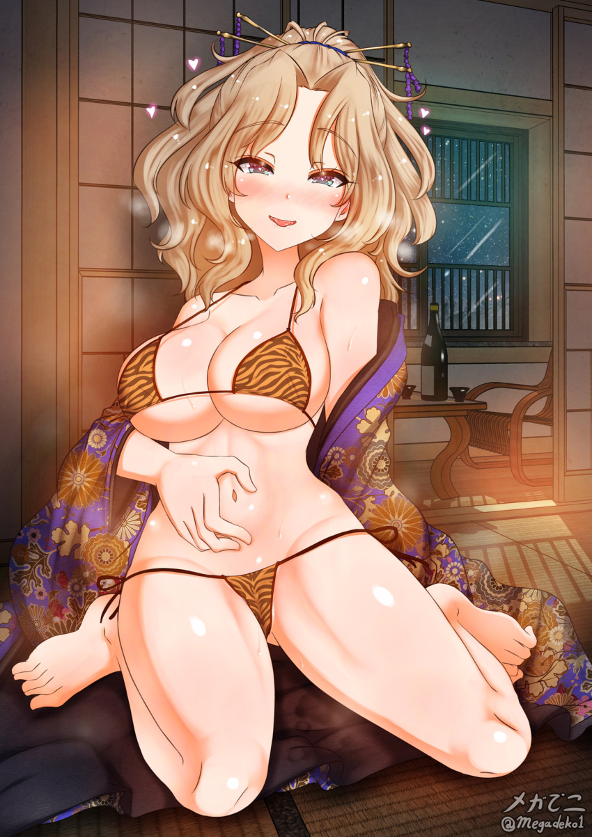 1girl 2022 animal_print aquaegg bikini blonde_hair blue_eyes blush breasts cameltoe chinese_zodiac cleavage collarbone girls_und_panzer heart heart-shaped_pupils highres indoors japanese_clothes kay_(girls_und_panzer) kimono large_breasts long_hair looking_at_viewer navel shiny shiny_hair shiny_skin side-tie_bikini smile solo swimsuit symbol-shaped_pupils tiger_print tongue tongue_out year_of_the_tiger