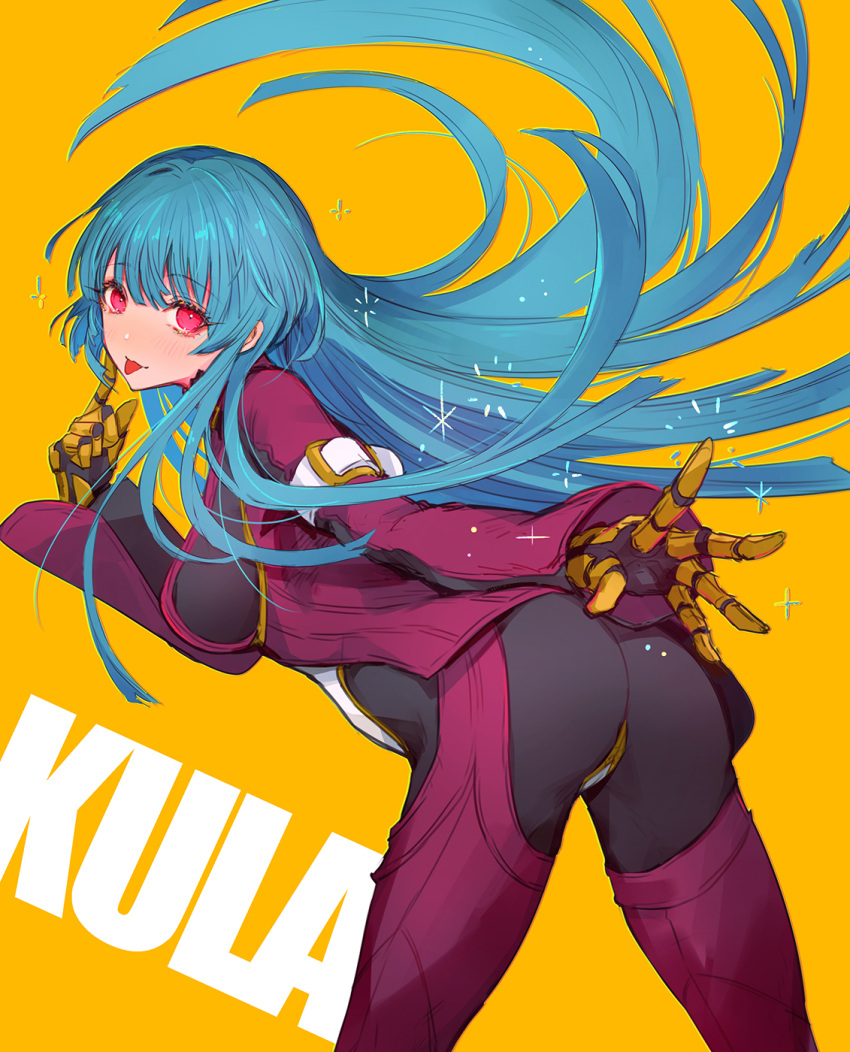 1girl arms_behind_back ass bangs belt blue_hair bodysuit breasts character_name eyebrows_visible_through_hair finger_to_face gloves highres ice kula_diamond leaning_forward long_hair long_sleeves medium_breasts oro_(sumakaita) red_eyes sideboob simple_background solo the_king_of_fighters tongue tongue_out yellow_background