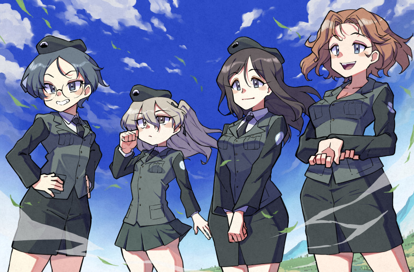 4girls absurdres azumi_(girls_und_panzer) bangs beret black_hair black_headwear black_jacket black_necktie black_ribbon black_skirt blue_eyes blue_sky brown_eyes brown_hair closed_mouth cloud cloudy_sky commentary day dress_shirt emblem girls_und_panzer grey_hair grin hair_ribbon hand_on_own_arm hands_on_hips hat highres jacket japanese_tankery_league_(emblem) light_brown_hair long_hair long_sleeves looking_to_the_side megumi_(girls_und_panzer) military military_hat military_uniform miniskirt multiple_girls nakachiruno necktie one_side_up open_mouth outdoors own_hands_together parted_bangs parted_lips pencil_skirt pleated_skirt ribbon rumi_(girls_und_panzer) selection_university_(emblem) selection_university_military_uniform shimada_arisu shirt short_hair skirt sky smile standing swept_bangs uniform v_arms white_shirt wind