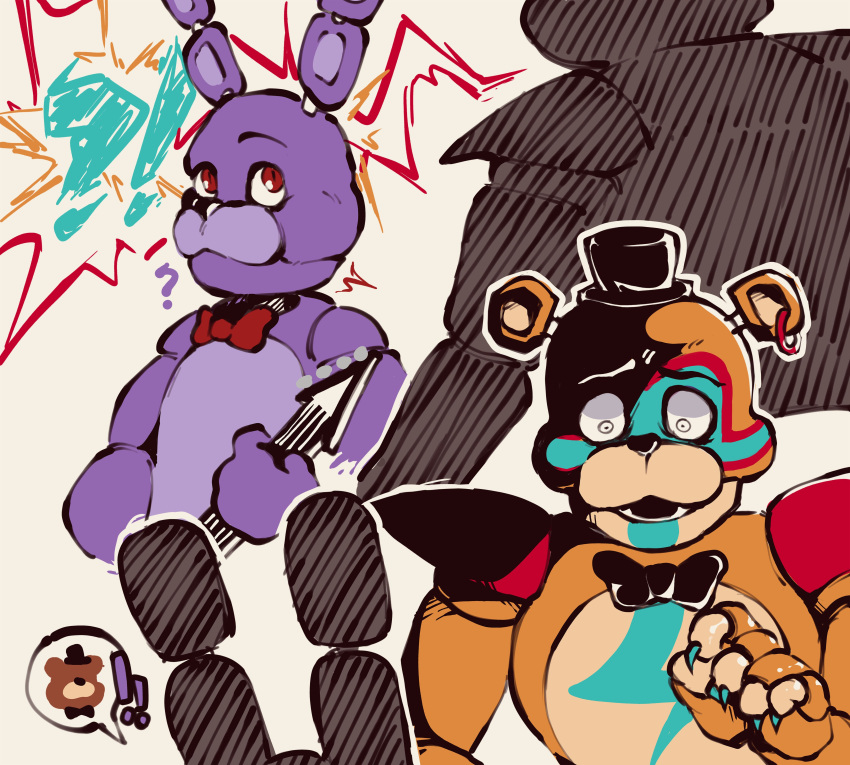 ! ? absurd_res animatronic anthro bonnie_(fnaf) bow_tie brown_body calemonssi clothing duo ear_piercing electric_guitar eye_contact facial_markings five_nights_at_freddy's five_nights_at_freddy's:_security_breach freddy_(fnaf) glamrock_freddy_(fnaf) guitar hat head_markings headgear headwear hi_res lagomorph leporid looking_at_another machine male mammal markings metallic_body musical_instrument piercing plucked_string_instrument pupils purple_body rabbit raised_hand robot scottgames shocked shocked_expression shoulder_pads silhouette simple_background string_instrument top_hat unusual_pupils ursid video_games