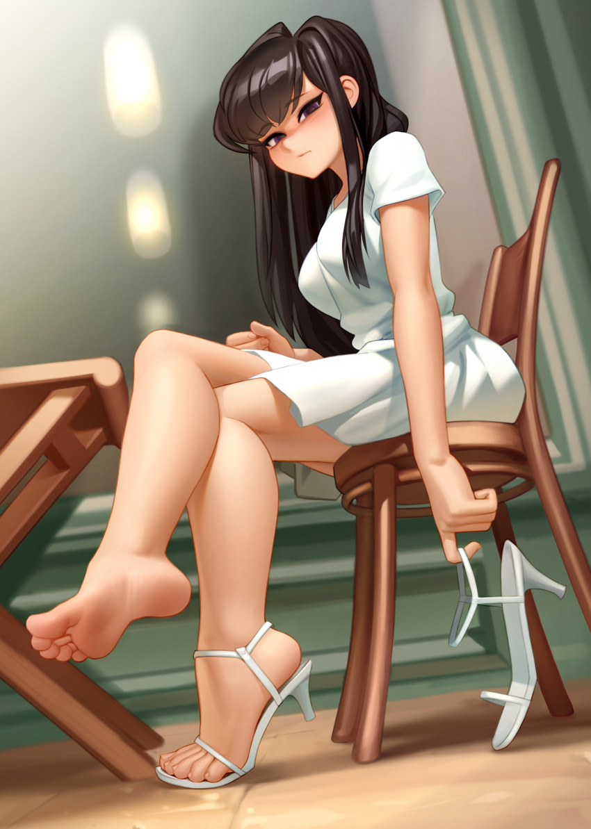 1girl absurdres bangs bare_arms bare_legs barefoot breasts brown_hair closed_mouth commentary crossed_legs dress dutch_angle english_commentary eyebrows_visible_through_hair feet from_below from_side full_body high_heels highres holding indoors kairunoburogu komi-san_wa_komyushou_desu komi_shouko long_hair looking_at_viewer looking_to_the_side medium_breasts on_chair purple_eyes sandals sandals_removed short_sleeves single_sandal sitting soles solo table toes white_dress wooden_chair